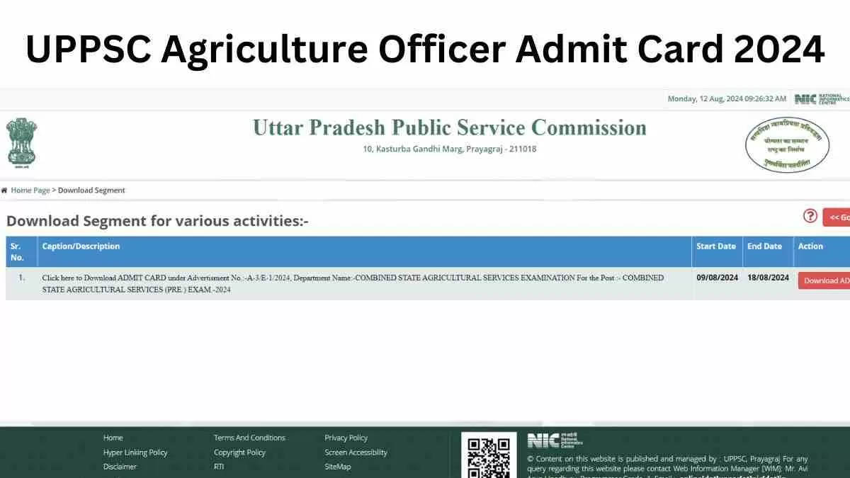 UPPSC Agriculture Officer Admit Card 2024