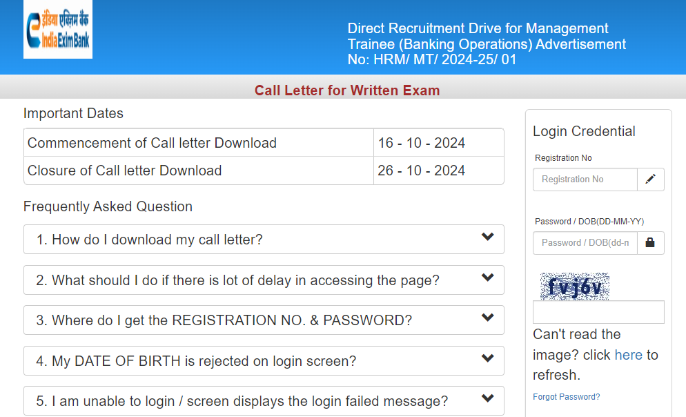 EXIM Bank MT Admit Card 2024